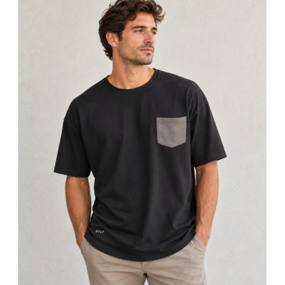 BYLT Premium Basics Lux Pocket Tee Mens XL Black Curved Hem Short Sleeve